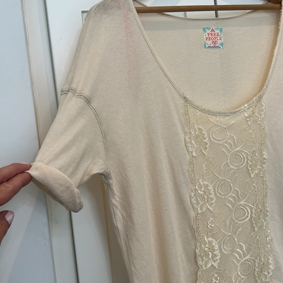 Free People Cream Lace Panel Cotton Boho Distressed Scoop Neck Top Size XS-S - Picture 5 of 15
